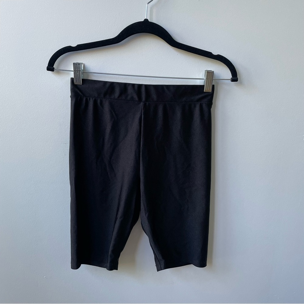 H&M glossy black biker shorts, size S, 8.5 inch inseam